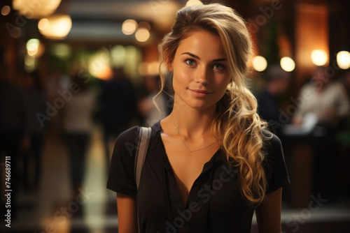 Stylish woman stands gracefully in lavishly decorated hotel lobby surrounded by warm ambient lighting. Hotel reception service