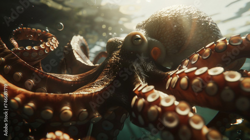 Majestic octopus glides through the ocean depths with tentacles elegantly unfurled.