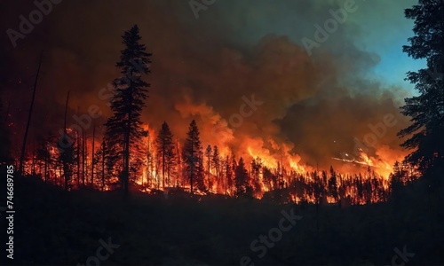 Panoramic view of a particularly large forest fire in the dark