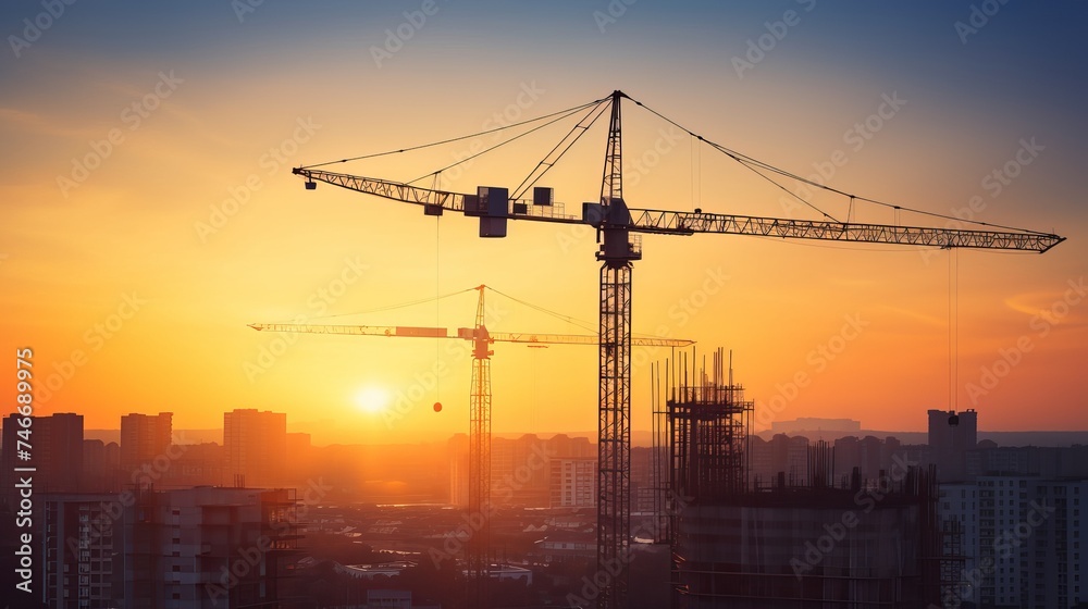 Silhouette of building construction site on heavy industry and background sunset pastel