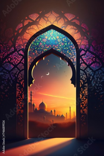 Decorated mosque window overlooking the mosque and sunrise. Mosque as a place of prayer for Muslims.