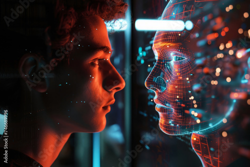 Person looking at digital version of self. Man examines her virtual deep fake counterpart. Concept of cyber security and intersection of identity and technology.