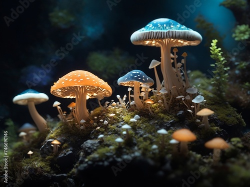"Microcosmic Ecosystem: Unveiling the Intricate Beauty of Mushrooms on a Stone Wonderland"