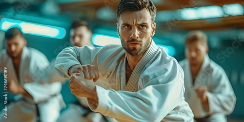 Men training in martial arts at Brazilian jiu jitsu class in action. Concept Martial Arts, Brazilian Jiu Jitsu, Men's Fitness, Physical Training, Self-Defense photo