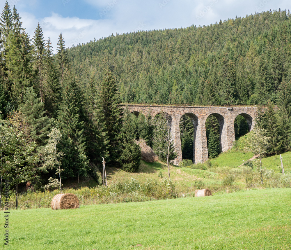 Naklejka premium Near the village of Telgárt, under Kráľová hoľa, in the picturesque surroundings of Horehronia, there is a remarkable technical structure - Chmarošský Viaduct.