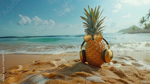 Ripe pineapple in heart-shaped sunglasses and golden headphones on the sand against turquoise sea
