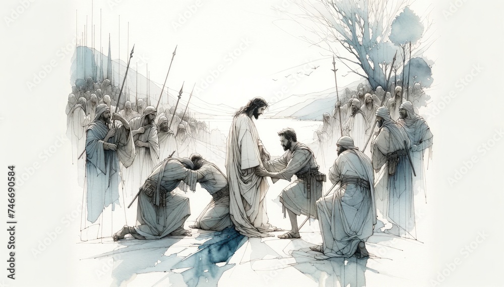 Naklejka premium Betrayal and arrest. Life of Jesus. Digital drawing.