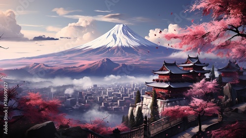 an aerial image of through the cherry blossoms, in the style of grandiose architecture, light purple and red, piles/stacks, landscape mastery, culturally diverse elements, calming effect, spir