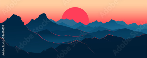 Beautiful mountain panoramic landscape at sunrise. Stunning landscape of a red sunset over the silhouettes of mountains and peaks. Amazing vector illustration for design, poster, banner or print. photo