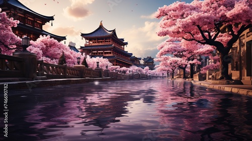 an aerial image of mt fuji through the cherry blossoms, in the style of grandiose architecture, light purple and red, piles/stacks, landscape mastery, culturally diverse elements, calming effect, spir © Smilego
