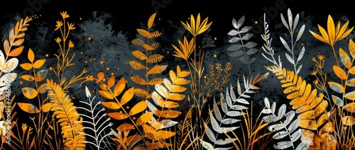 illustration of golden and yellow plants over a black background Generative AI