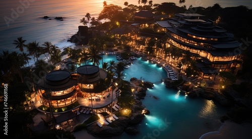 an aerial shot of the resort on the beach, dramatic lighting effects, light gold and sky-blue, contemporary candy-coated, dark gold and orange, rounded, captivating photo