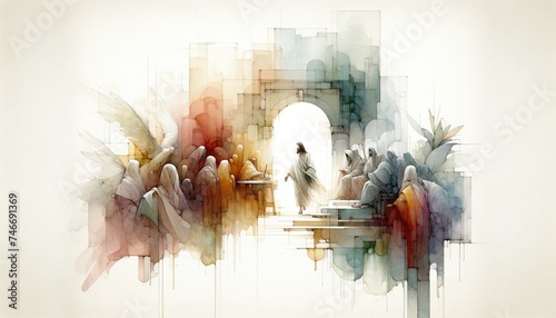 Jesus is taken to the Sanhedrin. Life of Jesus. Digital watercolor painting. © Faith Stock