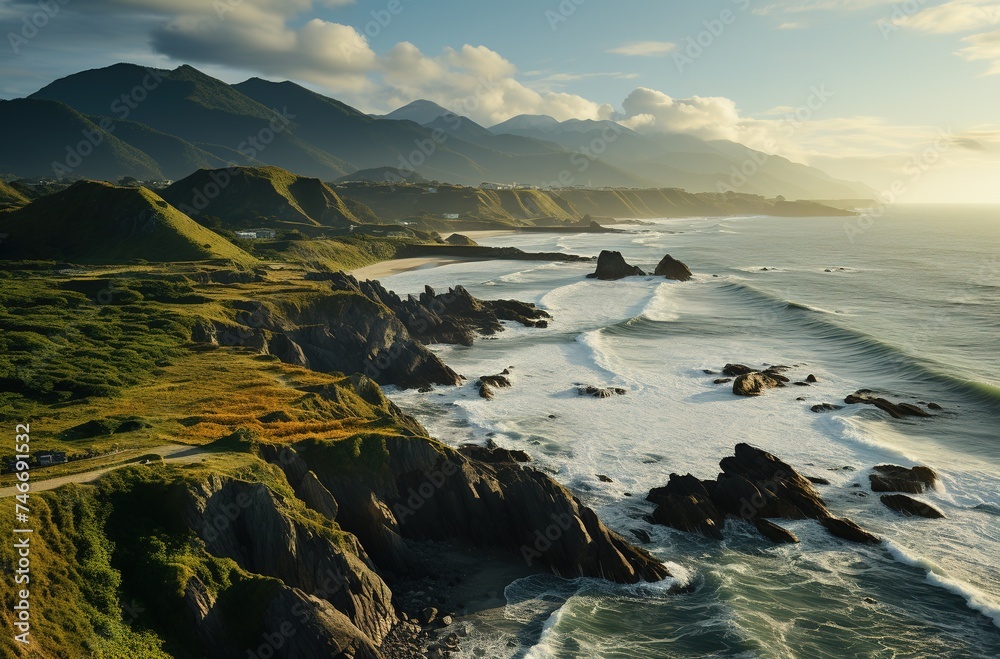 Fototapeta premium an aerial view of a beach and mountains, in the style of dark gold and light gold, 32k uhd, southern countryside, cottagecore