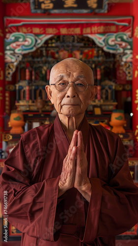 portrait of Buddhist monk praying in Buddhist temple
