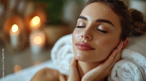 Serene Spa Experience Woman with Closed Eyes, Post-Cosmetic Procedures
