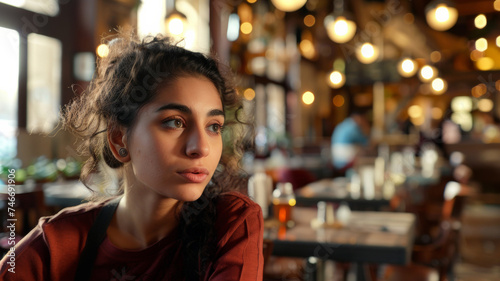 Young woman lost in thought at a cafe, with a dreamy expression and soft lighting.