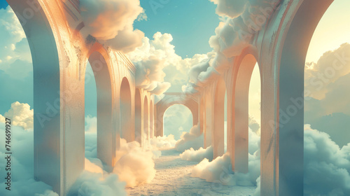 Gates of Heaven. 3d illustration of an archway in the sky with white clouds.
