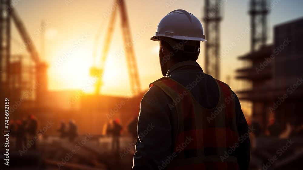 Silhouette young engineer working construction standards in line with global environment around the site over Blurred worker on site Silhouette young engineer working construction standards in line with global environment around the site over Blurred worker on site