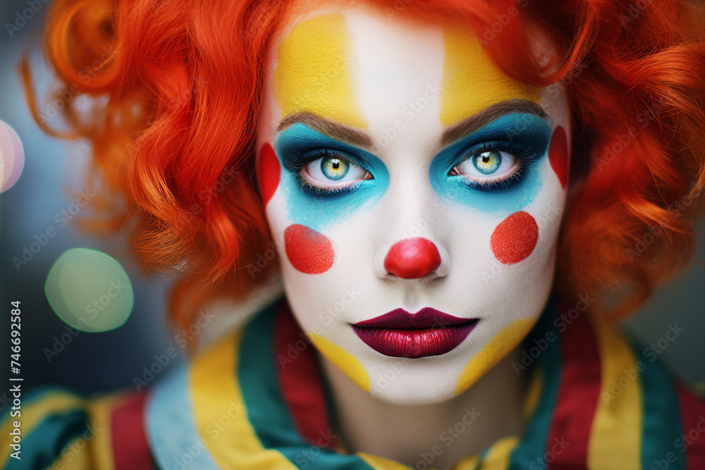 Fototapeta premium Generative AI picture Abstract modern art illustration circus actors in disguise clown makeup face art