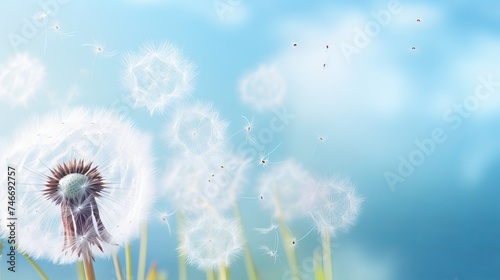 Soft dandelion flowers macro border over sky blue background