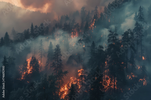 A forest fire engulfs trees in huge flames