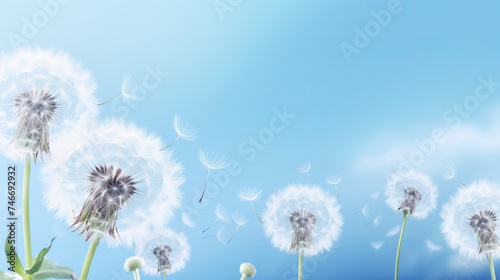 Soft dandelion flowers macro border over sky blue background