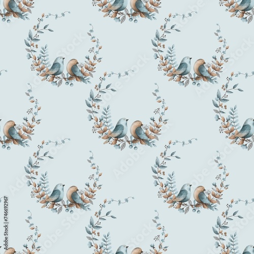 watercolor shabby chic vintage blue beige birds with floral element seamless pattern