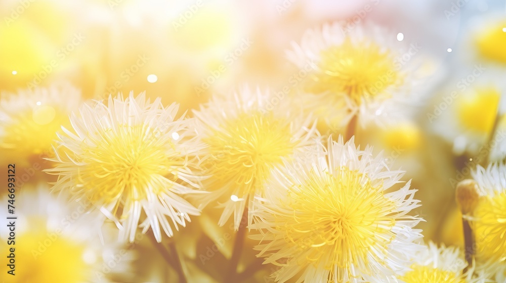 Obraz premium Soft dandelions flower, extreme closeup, abstract spring nature background