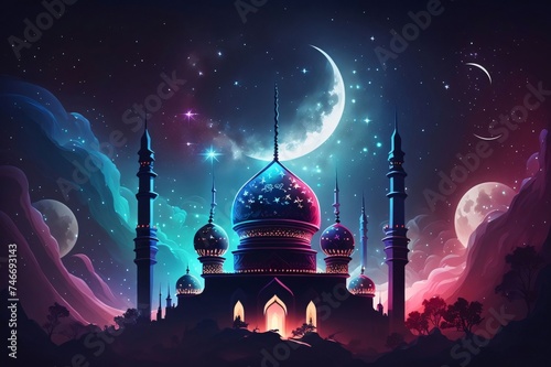 Illustration silhouette of a mosque against the moon at night. Mosque as a place of prayer for Muslims.