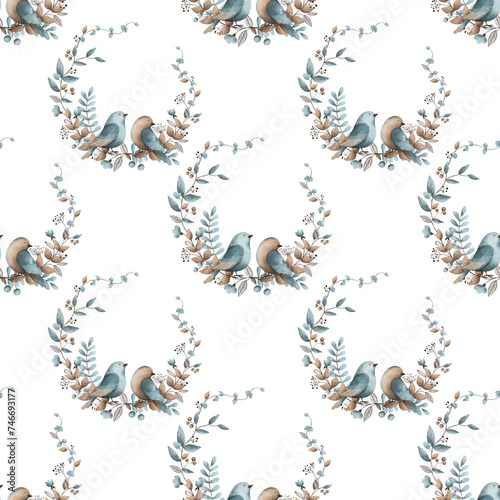 watercolor shabby chic vintage blue beige birds with floral element seamless pattern