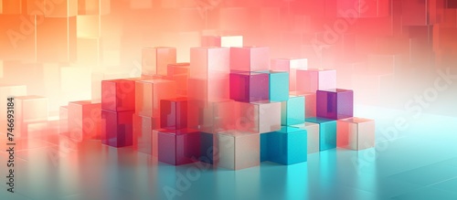 Colorful 3D vector illustration of an arrangement of cubes and a polygonal mesh Blockchain technology. Information blocks in volumetric composition. Edge glowing neon lights