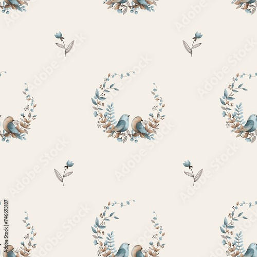 watercolor shabby chic vintage blue beige birds with floral element seamless pattern