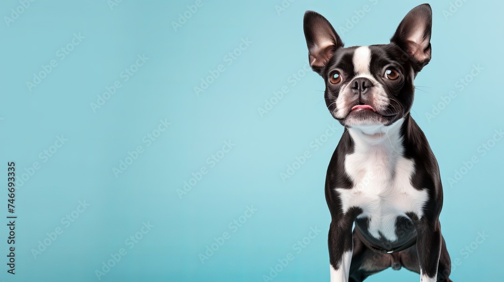 Studio portrait of a Boston terrier dog standing and looking forward against a teal background