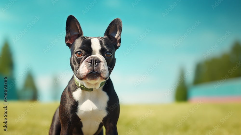 Studio portrait of a Boston terrier dog standing and looking forward against a teal background