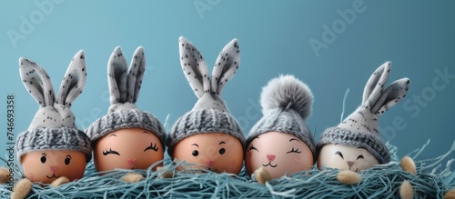Five eggs with bunny ears and gray hats drawn on them are arranged in a sisal nest on a blue background, creating an adorable Easter-themed display.
