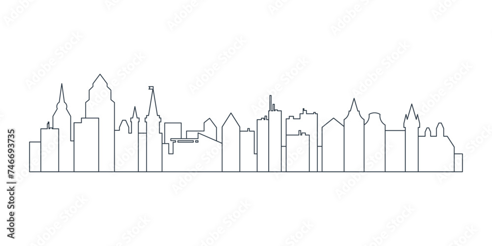 City silhouettes, black line downtown skyline with buildings roofs of various shapes vector illustration