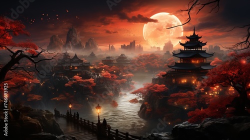 an aerial view showing eerie red lights and trees in front of the wetlands, in the style of colorful animation stills, aerial view, travel, heian period, joyful celebration of nature