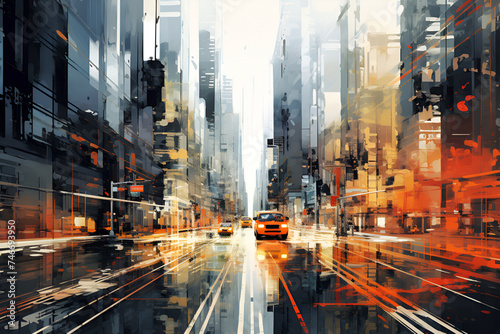 A surreal cityscape where streets and skyscrapers are covered in brilliant digital effects