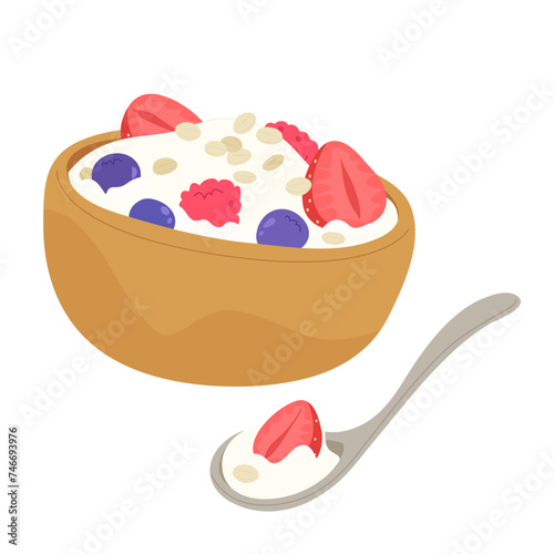 Yogurt bowl topped with grains and healthy fruit for morning isolated on white background. Concept of healthy breakfast, meal, delicious food, greek yogurt, lifestyle, health care. Flat vector.