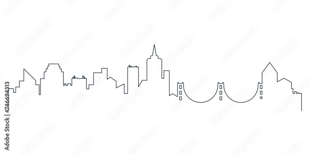 City skyline black line pattern with silhouettes of bridge and buildings vector illustration