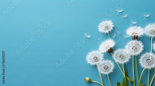 White dandelions on blue background  wide view