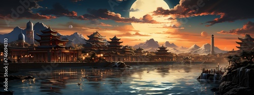 an ancient city overlooking a river at sunset, in the style of confucian ideology, light sky-blue and light amber, luminescent installations, sunrays shine upon it, emerald and crimson, northern and s