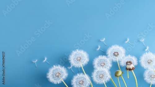 White dandelions on blue background, wide view