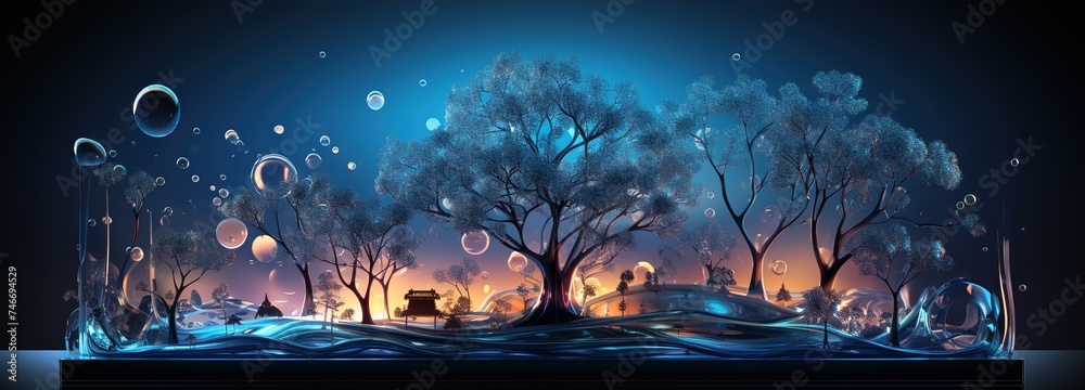 an android tablet with a digital business and trees on it, in the style of mechanized abstraction, dark blue and light aquamarine, human-canvas integration, dynamic motion, blueprint, abstraction - obrazy, fototapety, plakaty 
