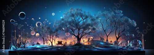 an android tablet with a digital business and trees on it, in the style of mechanized abstraction, dark blue and light aquamarine, human-canvas integration, dynamic motion, blueprint, abstraction photo