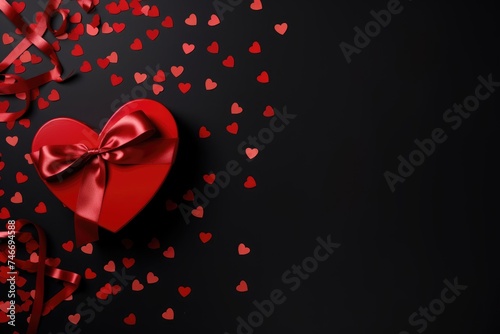 A heart-shaped gift box tied with a red ribbon on a black backdrop, surrounded by small red hearts. Red Heart-Shaped Box with Bow on Dark Background