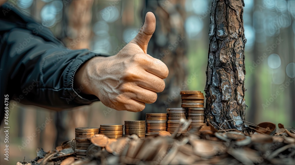 Coin stack grows with a thumbs up and a man's hand on a tree ...