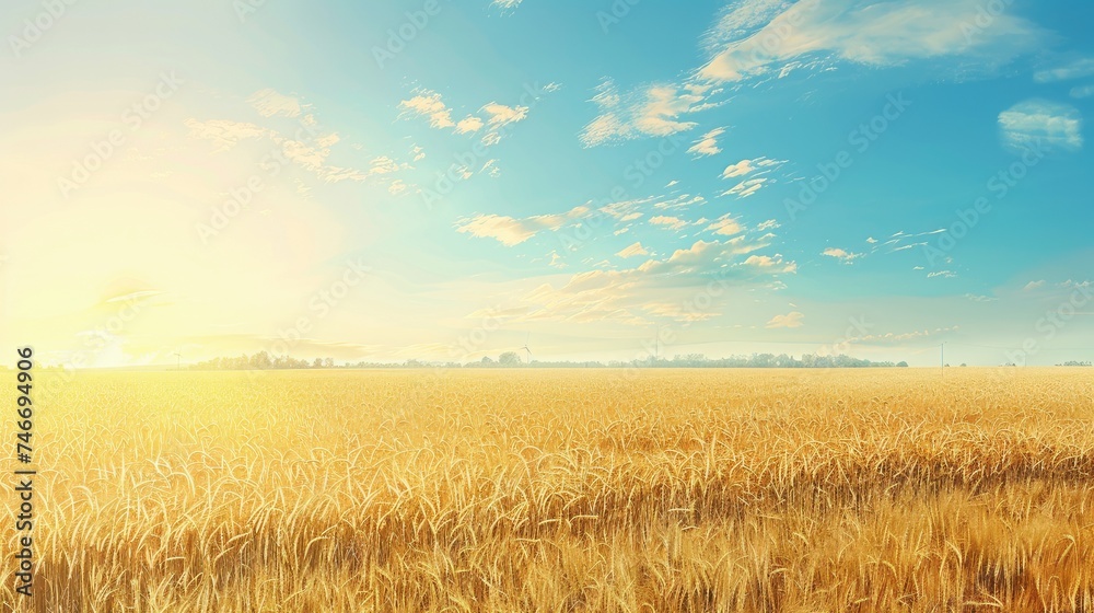 Wheat field against a blue sky, capturing the golden crops of harvest season in a rural landscape.