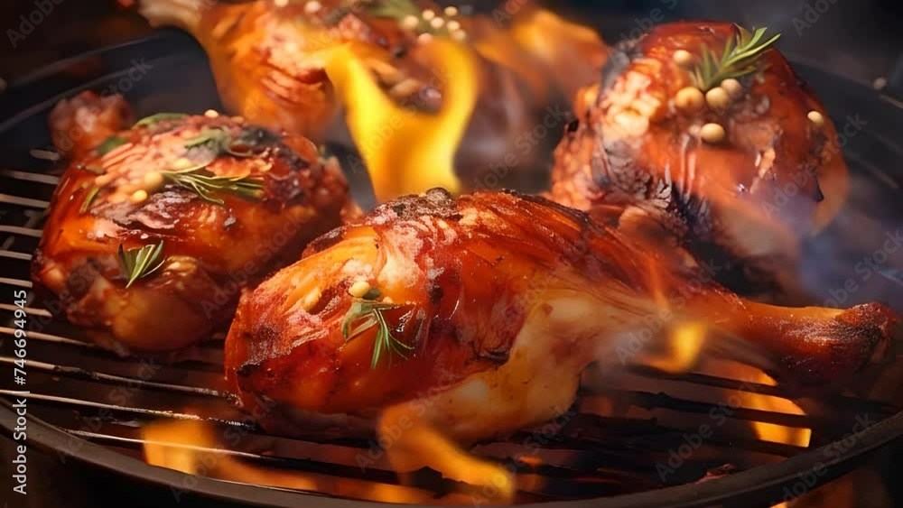Close up chicken legs on the grill with fire and smoke footage for background